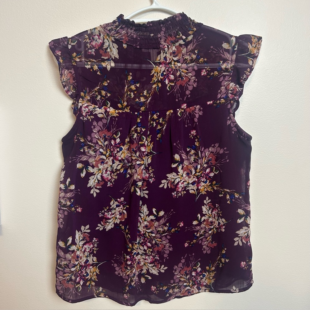 Monteau Purple Floral Sheer Blouse | Smocked Neck Romantic Top S
